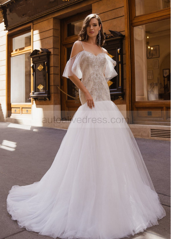 Luxury Cold Shoulder Beaded Ivory Tulle Wedding Dress